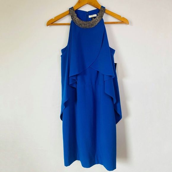 NWT HALSTON Royal Blue Beaded Collared Cold Shoulder Sleeve Draped Mini Dress - Picture 5 of 13